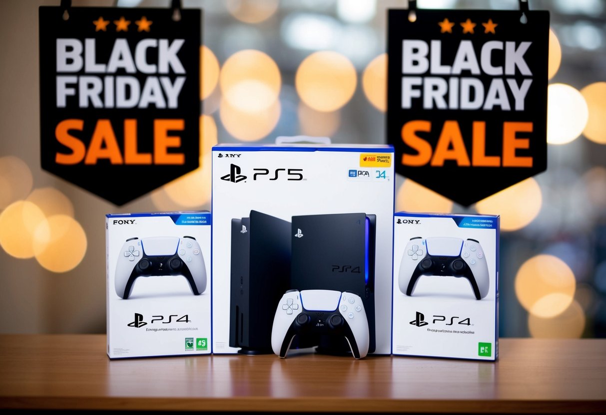 A PS5 Digital Edition console and FIFA 24 game bundle displayed with Black Friday sale signage