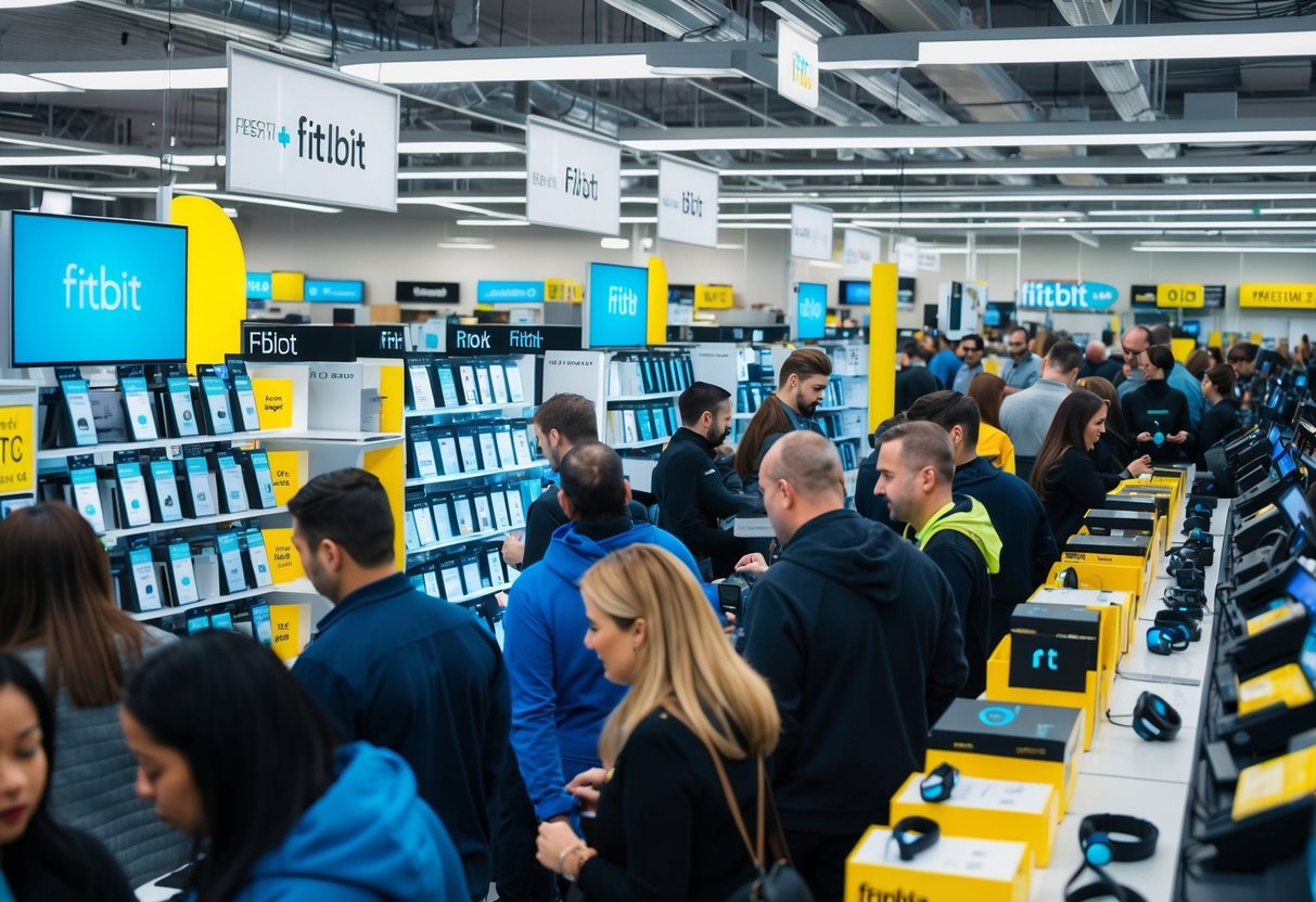 A crowded electronics store with shelves of Fitbit products, customers browsing and staff assisting. Bright sale signs and busy checkout counters