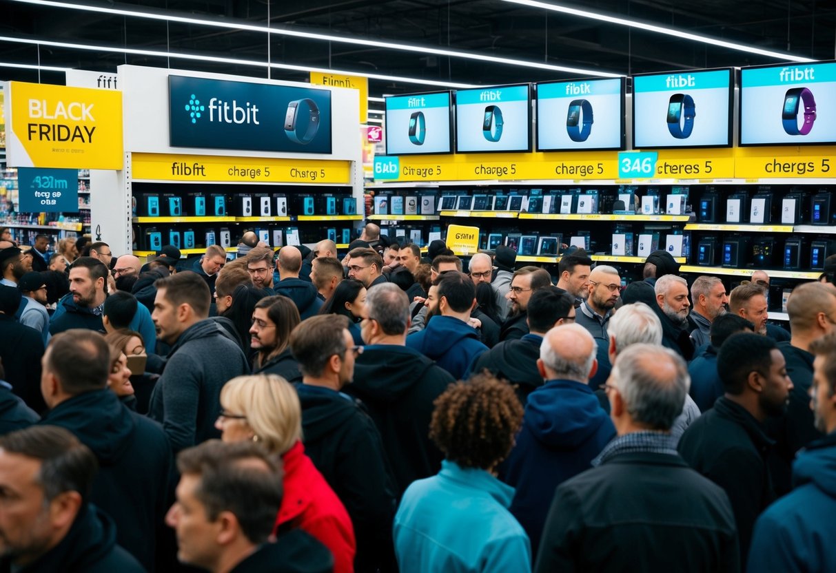 A crowded electronics store with shelves of Fitbit Charge 5 devices on sale, surrounded by eager customers during Black Friday in the UK