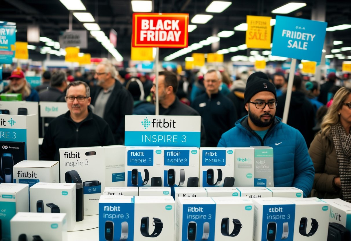 A crowded electronics store with shelves of Fitbit Inspire 3 devices on display, surrounded by Black Friday sale signs and eager customers