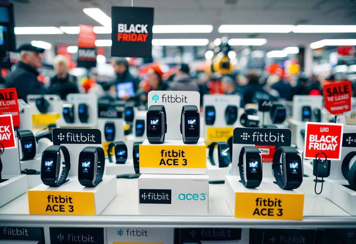 A crowded electronics store with shelves of Fitbit Ace 3 on display, surrounded by Black Friday sale signs