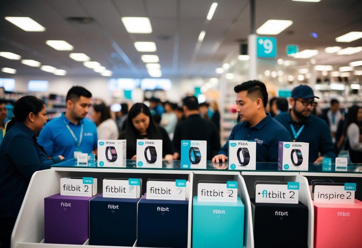 A crowded store with shelves of Fitbit Inspire 2 on sale, customers browsing and staff assisting