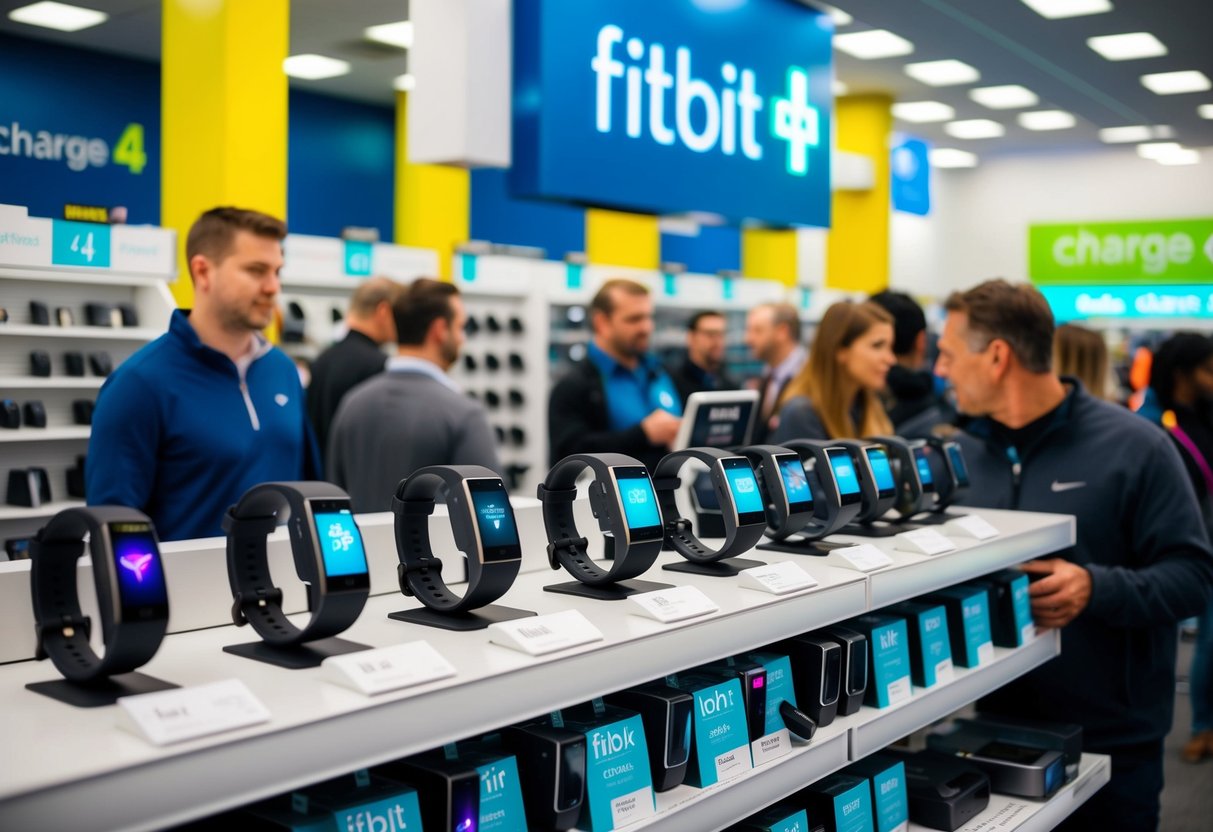 A crowded electronics store with shelves of Fitbit Charge 4 devices on sale, customers browsing and comparing the different models