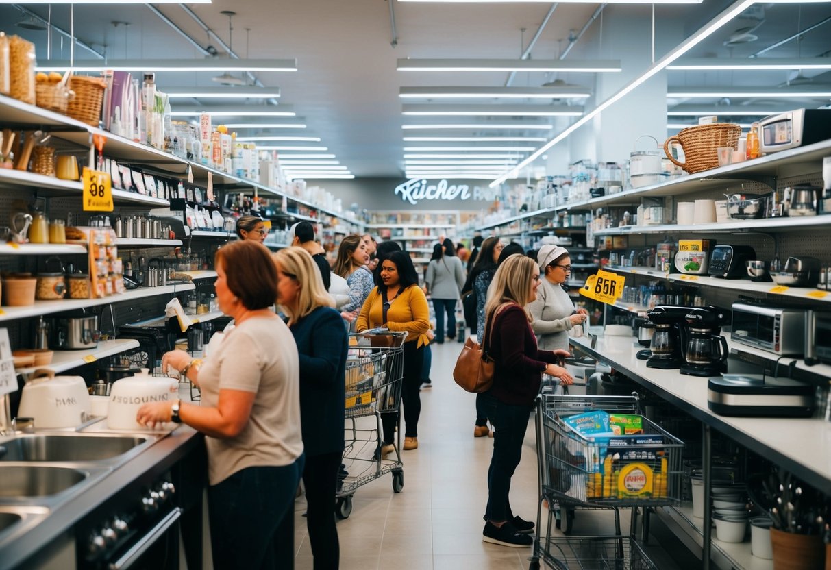 A crowded kitchen store with shelves lined with discounted gadgets and people browsing