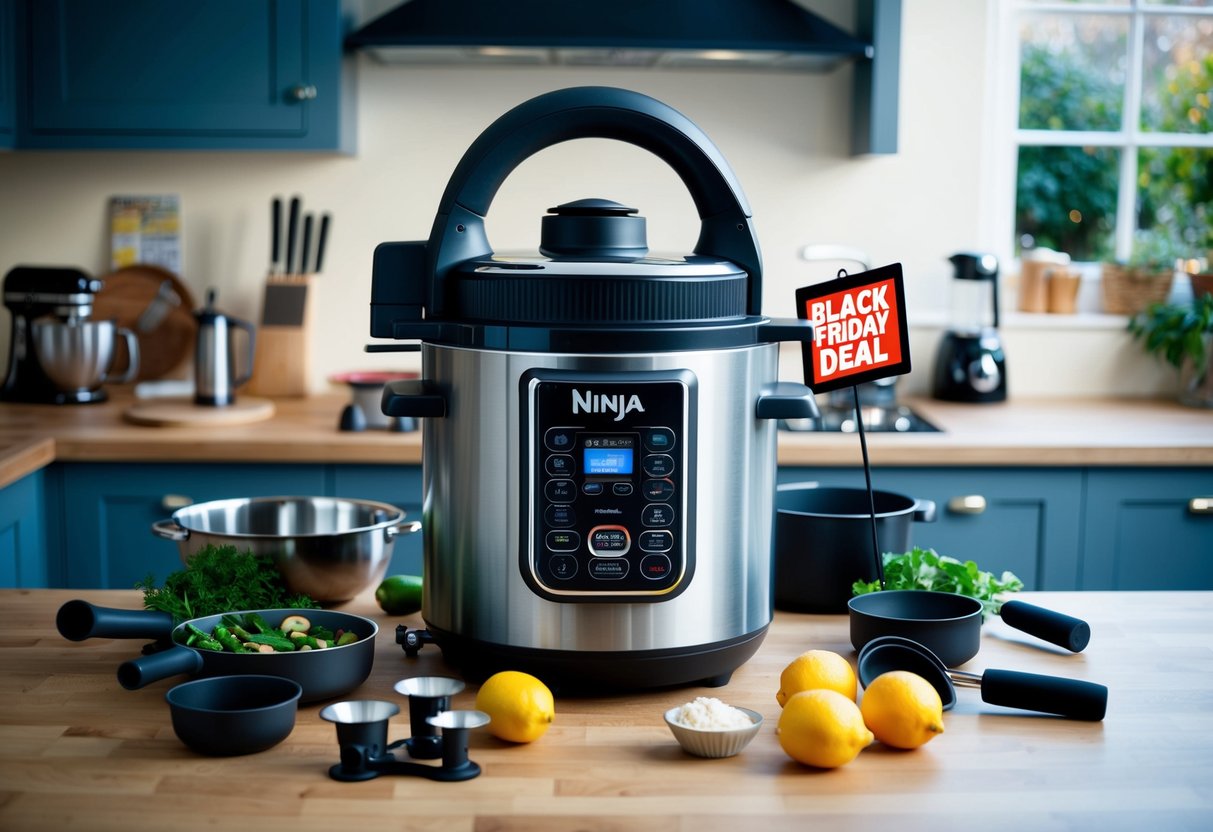 A sleek Ninja Foodi MAX Multi-Cooker surrounded by various kitchen gadgets, with a Black Friday deal sign in an Irish kitchen