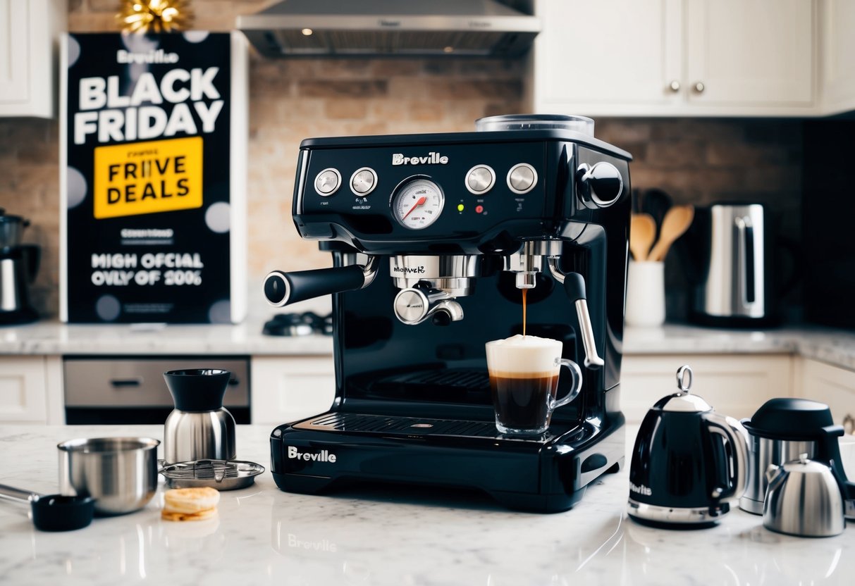 A sleek black Breville VCF125 Barista Mini Espresso Machine sits on a kitchen counter surrounded by various kitchen gadgets, with Black Friday deals advertised in the background