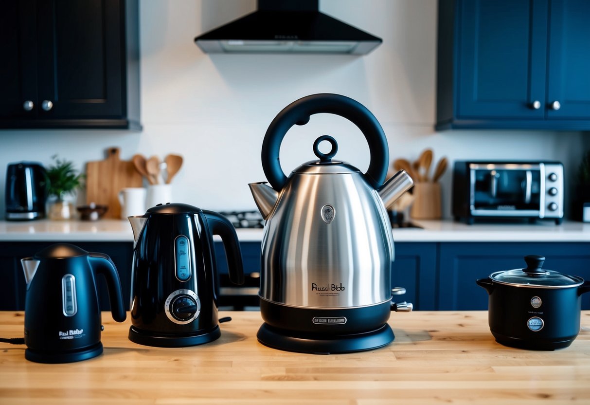 A modern kitchen with the Russell Hobbs Buckingham Quiet Boil Kettle featured prominently, surrounded by other Black Friday kitchen gadgets in Ireland