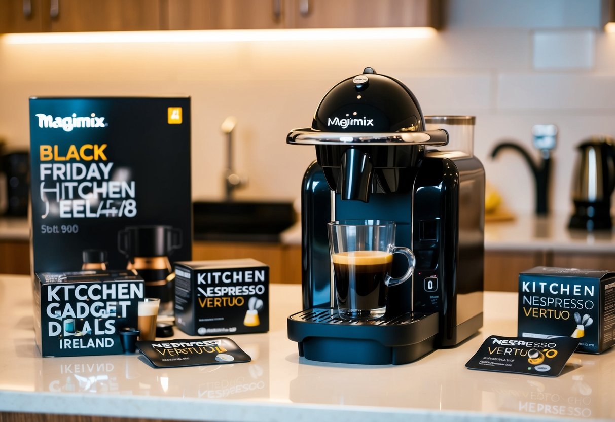 A sleek black Magimix Nespresso Vertuo coffee machine sits on a kitchen counter surrounded by Black Friday kitchen gadget deals in Ireland