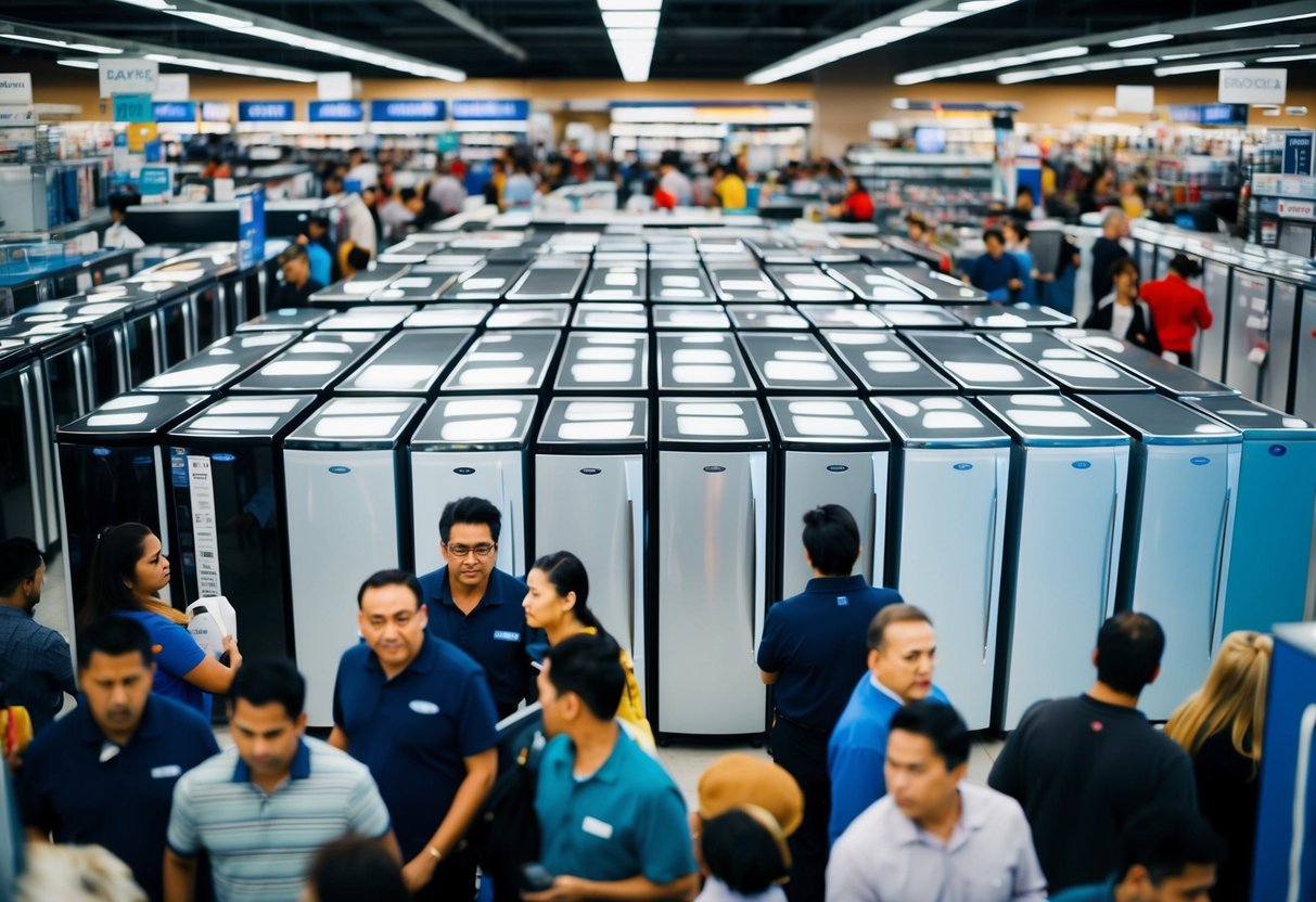 A crowded store with rows of shiny refrigerators on sale, surrounded by eager shoppers and busy salespeople