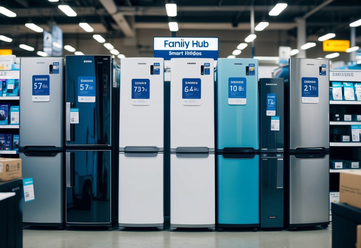 A busy electronics store with shelves of Samsung Family Hub Smart Fridges on sale for Black Friday