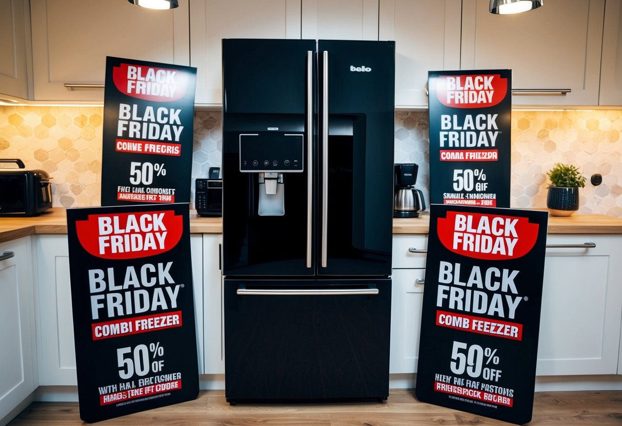 A kitchen with a sleek black Beko HarvestFresh Combi Fridge Freezer surrounded by Black Friday sale signs and discounts