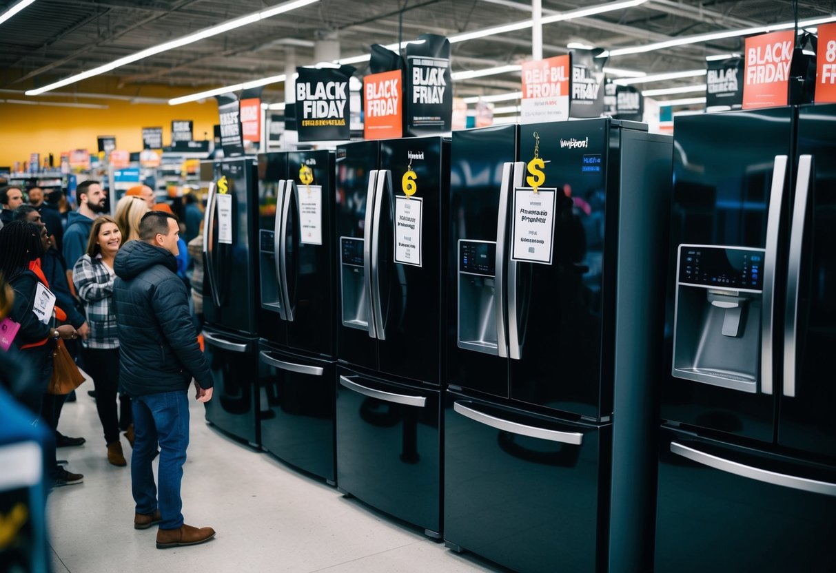 A bustling store with shoppers crowding around a display of sleek black Whirlpool American fridge freezers, adorned with Black Friday deal signs