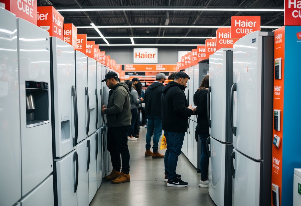 A crowded store with shelves of Haier Cube Series refrigerators on sale for Black Friday. Customers browsing and comparing deals