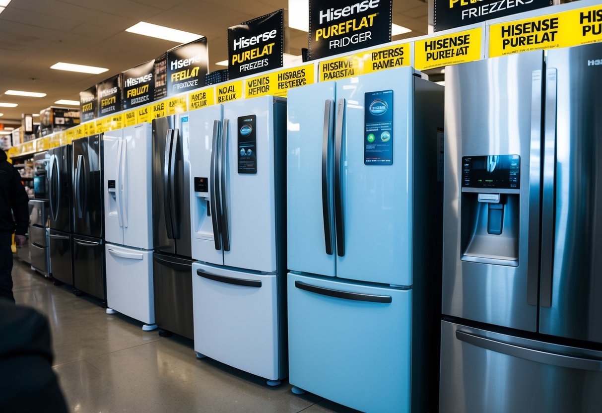 A crowded store display with Hisense PureFlat Fridge Freezers, marked with Black Friday deals