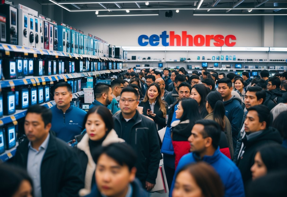 A crowded electronics store with shelves of discounted tech products and eager shoppers