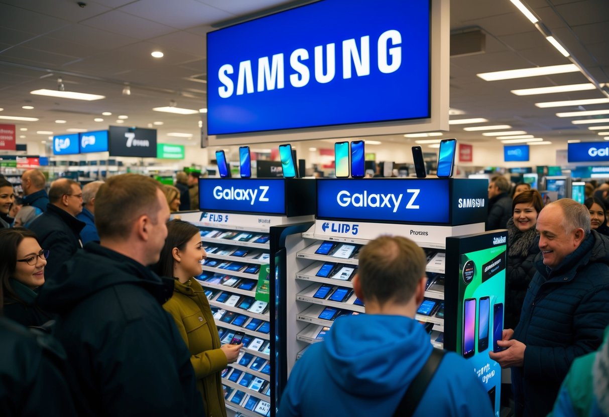 A bustling electronics store with shelves of Samsung Galaxy Z Flip5 phones on display, surrounded by eager shoppers during Black Friday tech sales in Ireland