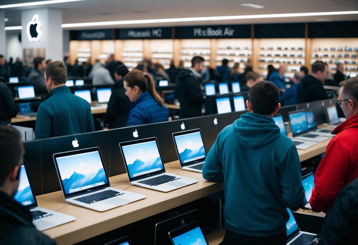 A crowded tech store with shelves of Apple MacBook Air M2 laptops on sale for Black Friday in Ireland