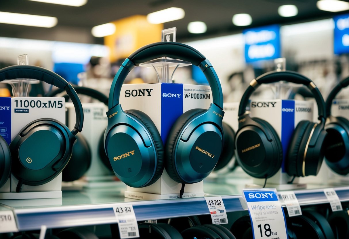 A bustling electronics store with shelves of headphones on sale, including the Sony WH-1000XM5 in Ireland on Black Friday