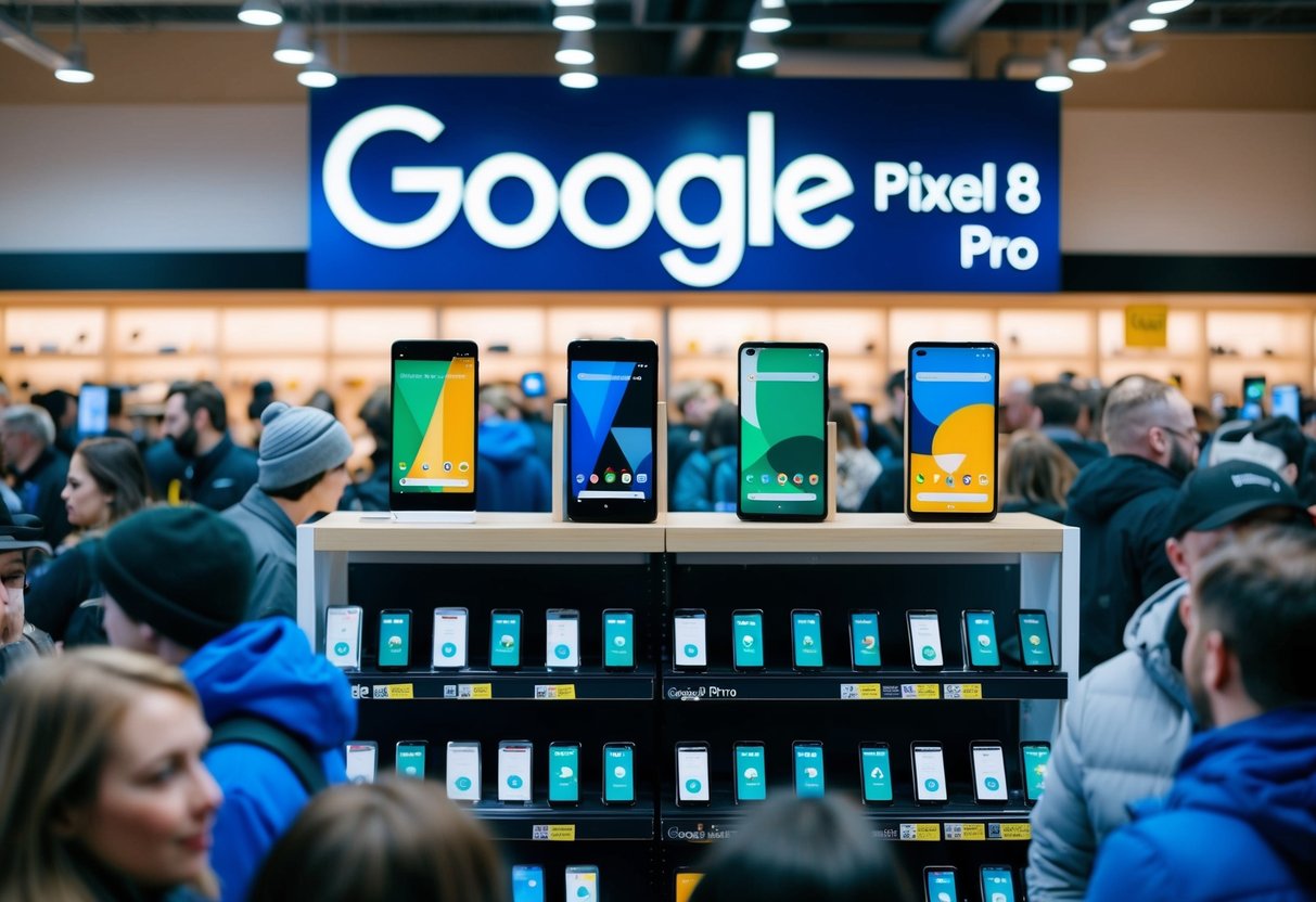 A crowded tech store with shelves of Google Pixel 8 Pro phones on sale for Black Friday in Ireland