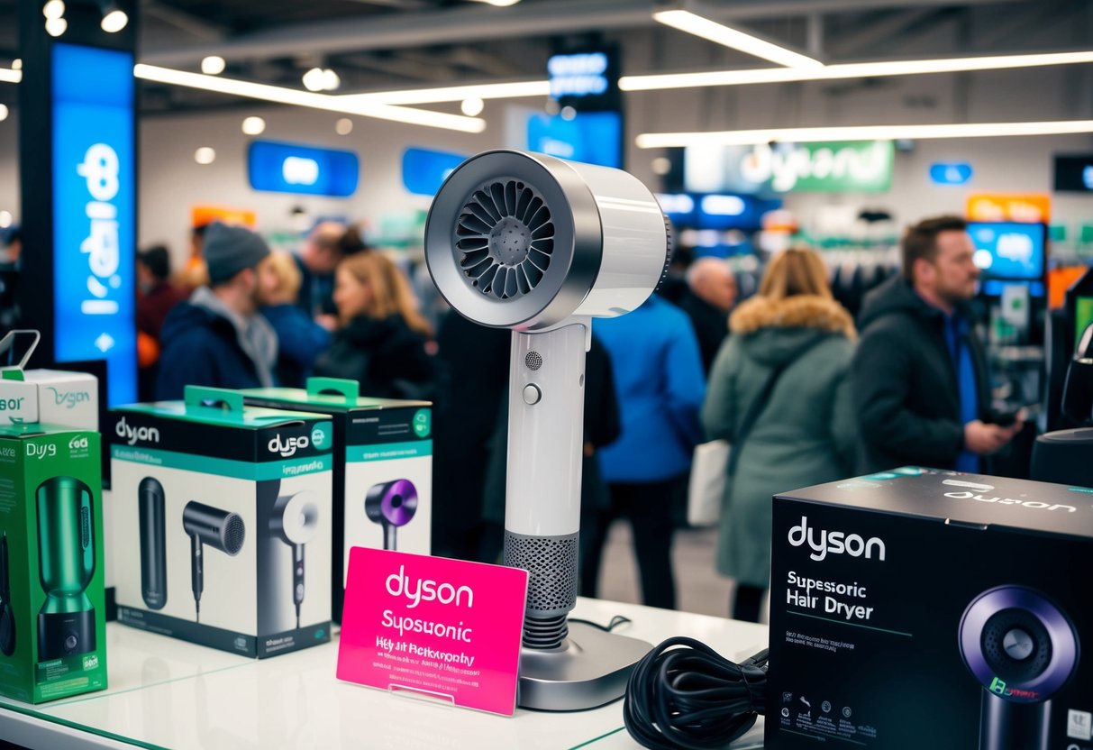 A bustling electronics store on Black Friday, with the Dyson Supersonic Hair Dryer prominently displayed among other tech deals in Ireland