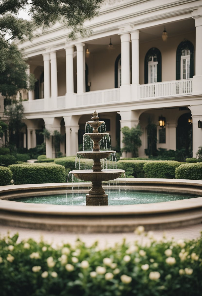 A grand hotel with a lush garden and a fountain, located near the bustling Magnolia Market in Waco