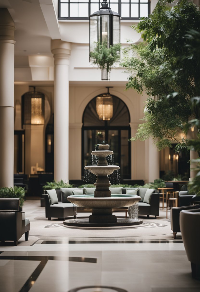 A luxurious hotel lobby with modern decor and a cozy seating area, overlooking a courtyard with lush greenery and a fountain