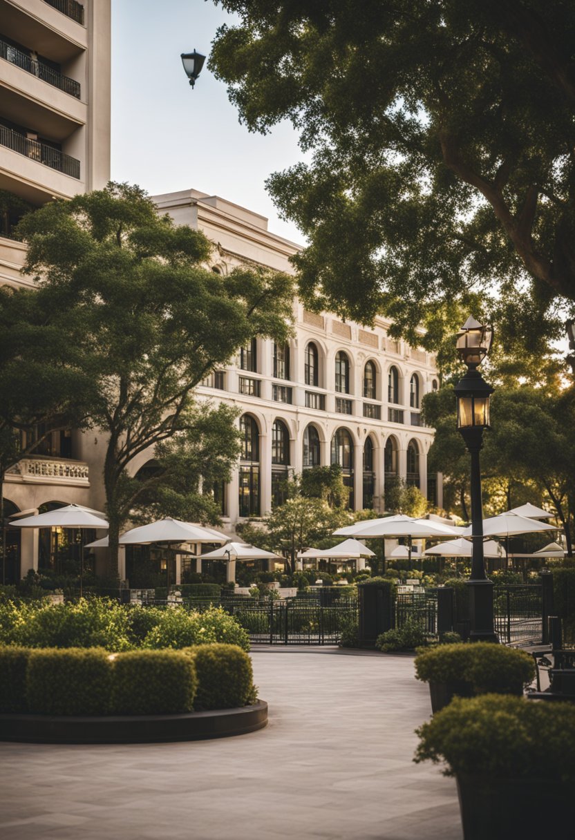 A grand Hilton hotel stands near Magnolia Market, surrounded by lush gardens and a bustling cityscape