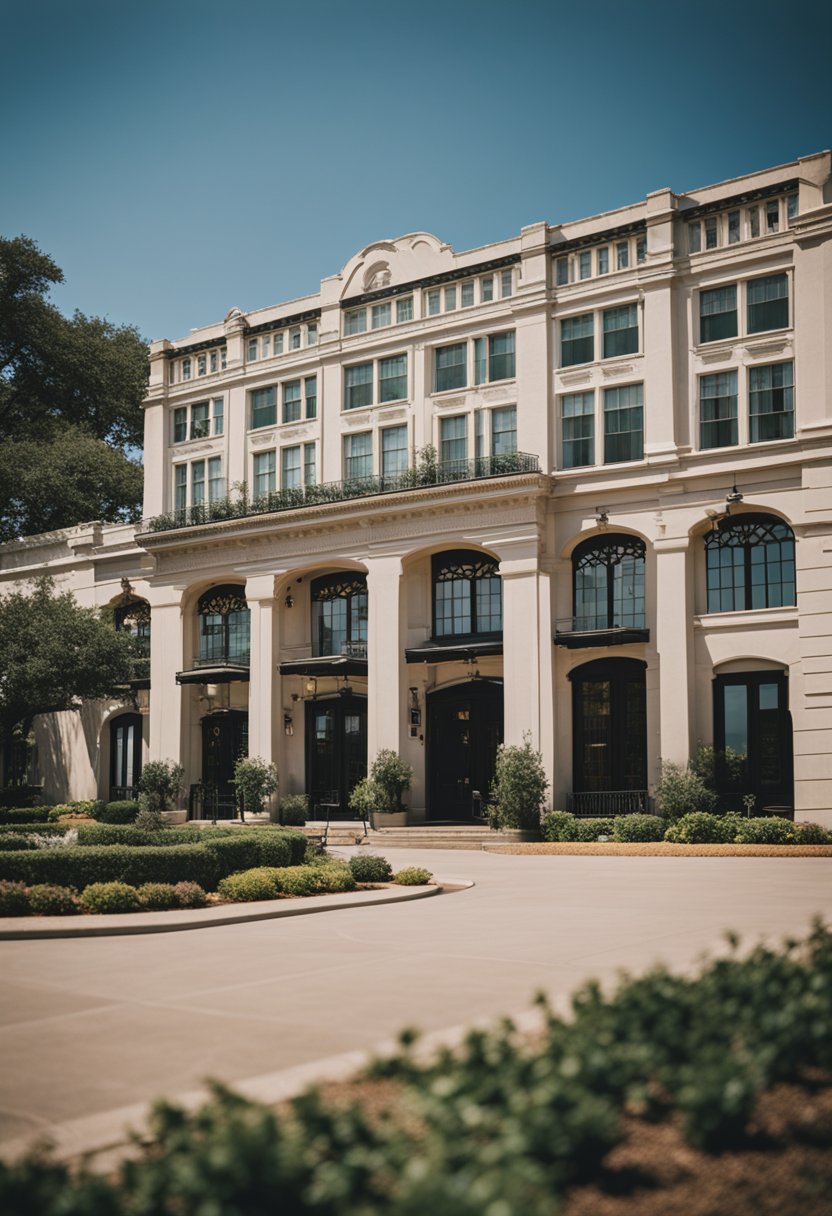 A grand, historic hotel stands near Magnolia Market in Waco, with lush landscaping and elegant architecture