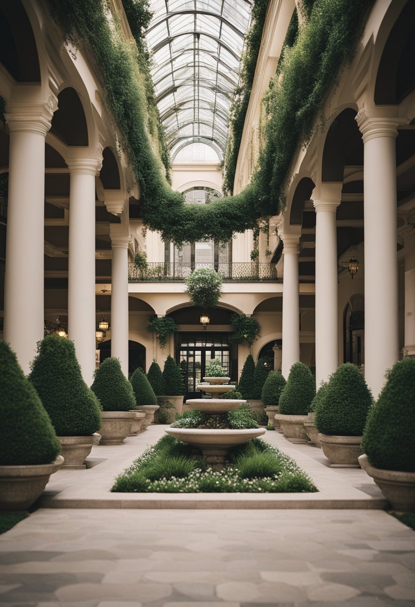 A grand hotel with a sprawling garden and elegant facade, located near Magnolia Market in Waco