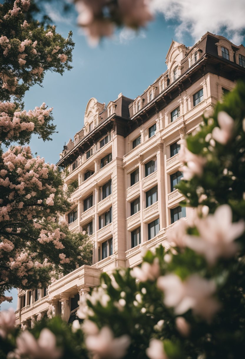 A grand hotel nestled among blooming magnolia trees in Uptown Peach, Waco