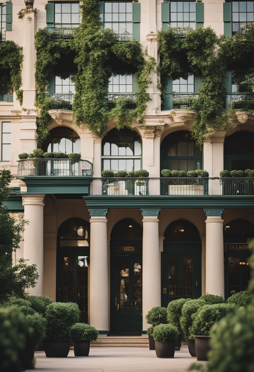 A grand, stately hotel stands near the bustling Magnolia Market in Waco, surrounded by lush gardens and elegant architecture