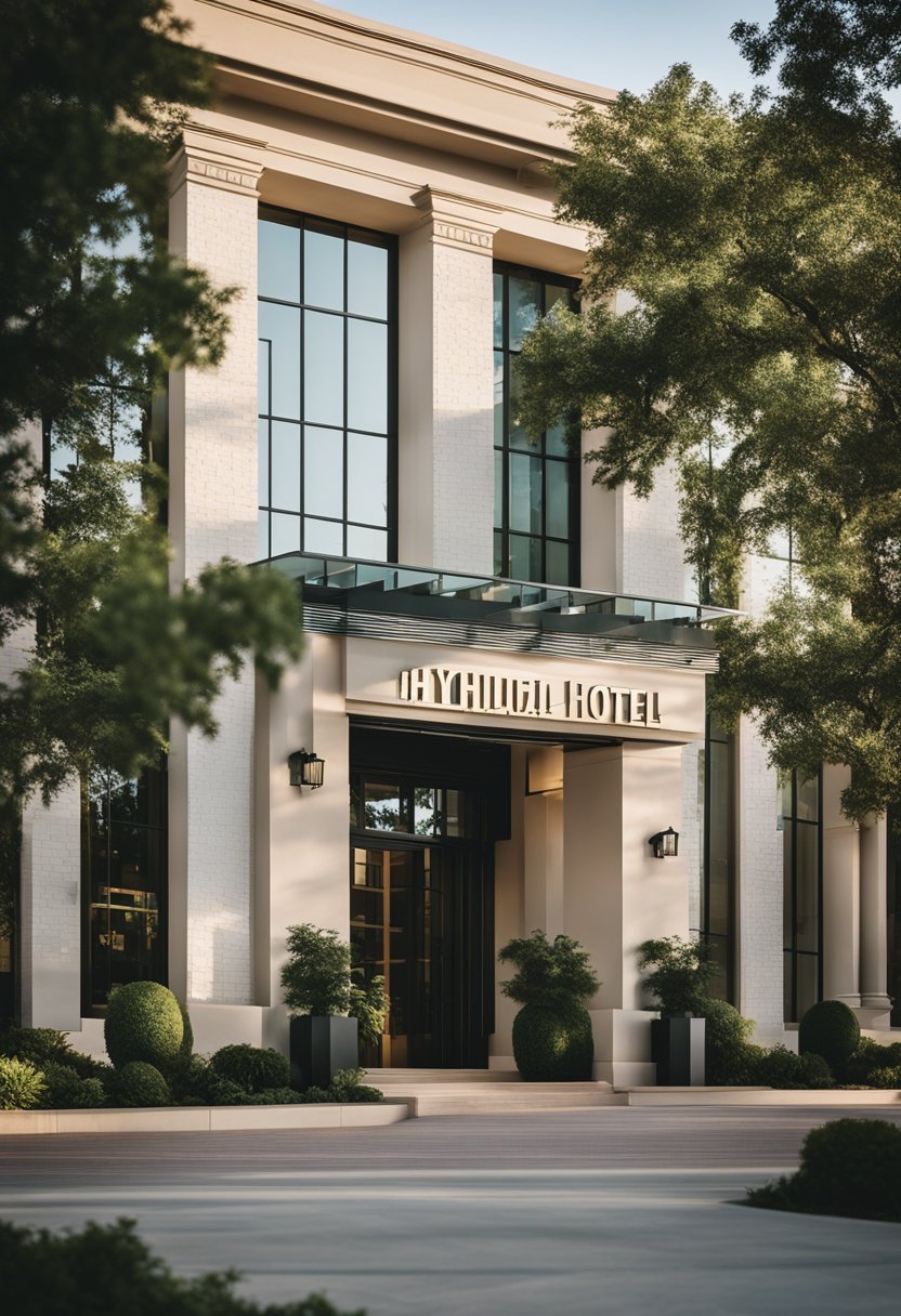 A grand, modern hotel facade with lush greenery and a luxurious entrance near Magnolia Market in Waco