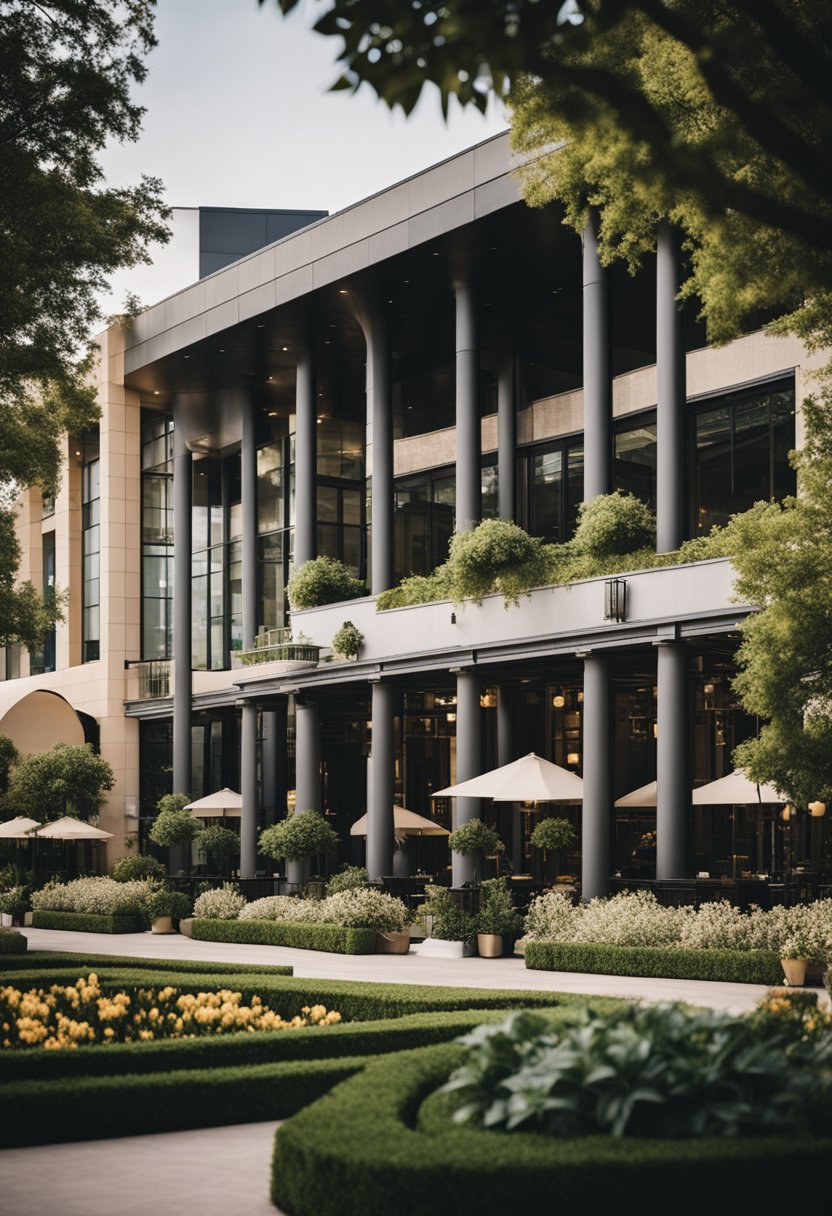 A grand, modern luxury hotel stands near Magnolia Market, surrounded by lush landscaping and a bustling cityscape