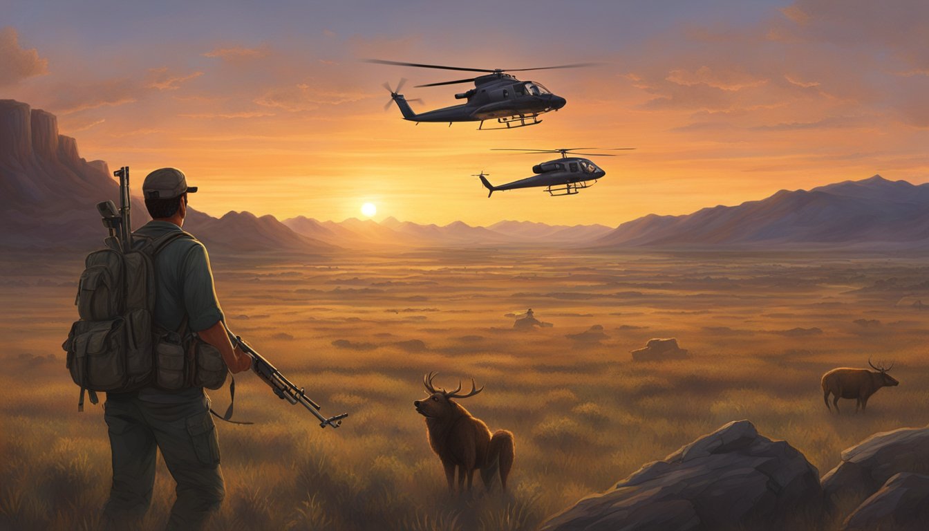 A helicopter hovers over a vast Texas landscape at dusk, with a hunter leaning out, scanning for wild hogs below. The sun sets in the distance, casting a warm glow over the scene