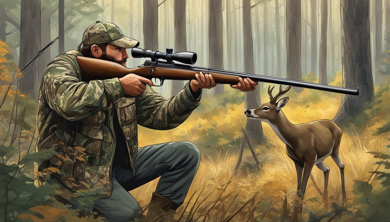 A hunter in camouflage aiming a muzzle loader at a deer in a Texas forest clearing