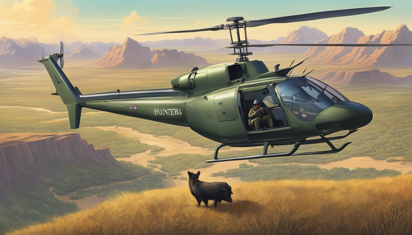 A helicopter hovers over a vast Texas landscape, with a hunter aiming a rifle at a group of wild hogs below