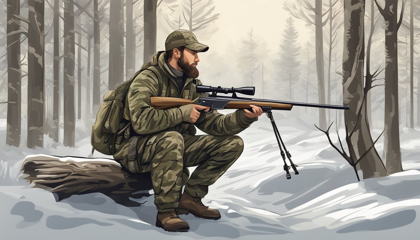 A hunter in camouflage, bow in hand, crouches behind a tree, observing wildlife from a distance. Signs indicate hunting regulations and ethical practices