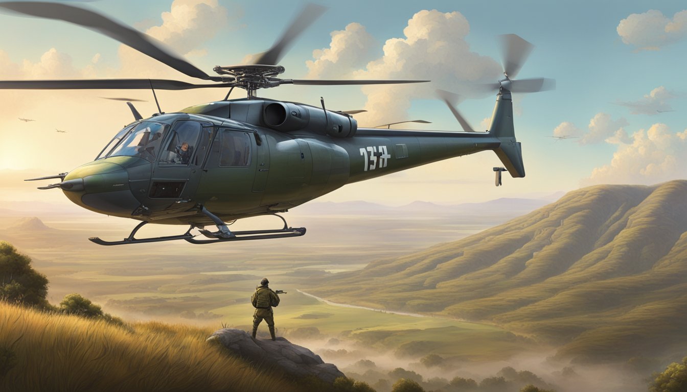 A helicopter hovers over a vast Texas landscape, with a hunter aiming at a wild hog below. Booking information is displayed on the side of the aircraft