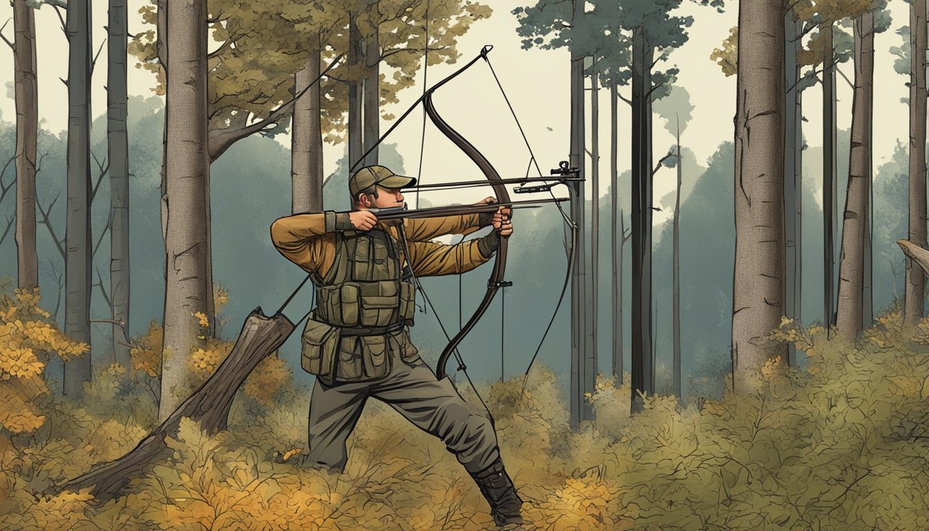 A hunter carefully sets up a tree stand in a wooded area, ensuring it is securely fastened and camouflaged. The hunter then uses a bow and arrow to take down a deer, aiming for a clean and ethical kill