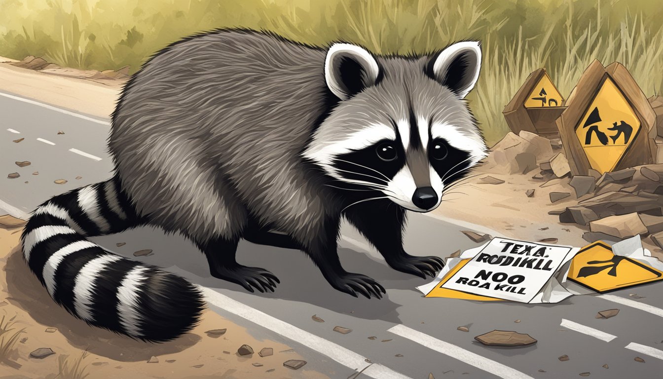 A raccoon lies on a Texas road, surrounded by scattered debris. A "No Roadkill" sign stands nearby, warning against consuming the animal