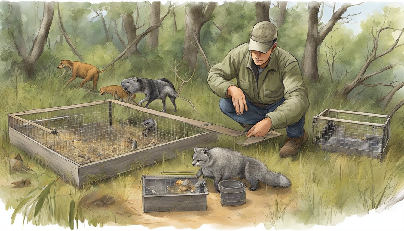 A hunter setting up a humane trap, checking it regularly, and releasing non-target animals unharmed