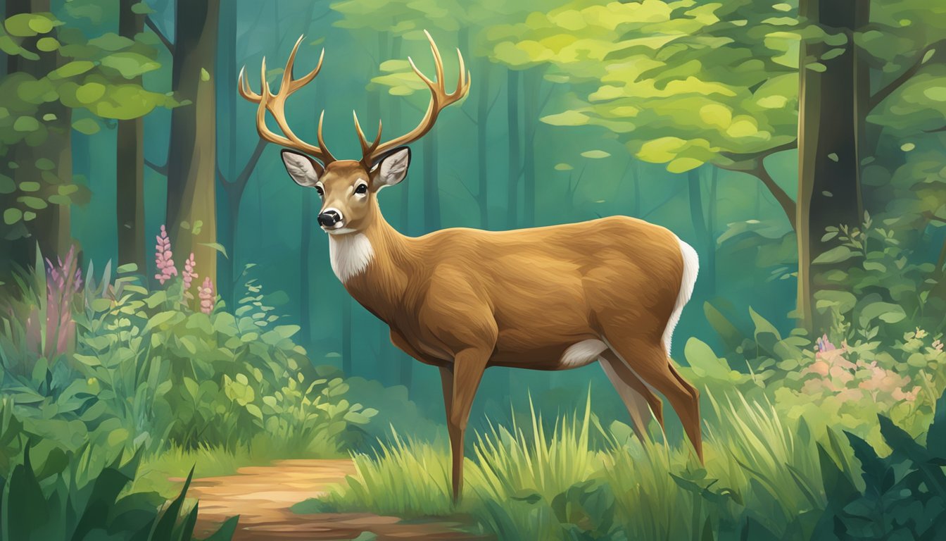 A deer peacefully grazing in a natural woodland setting, surrounded by diverse plant life and other wildlife