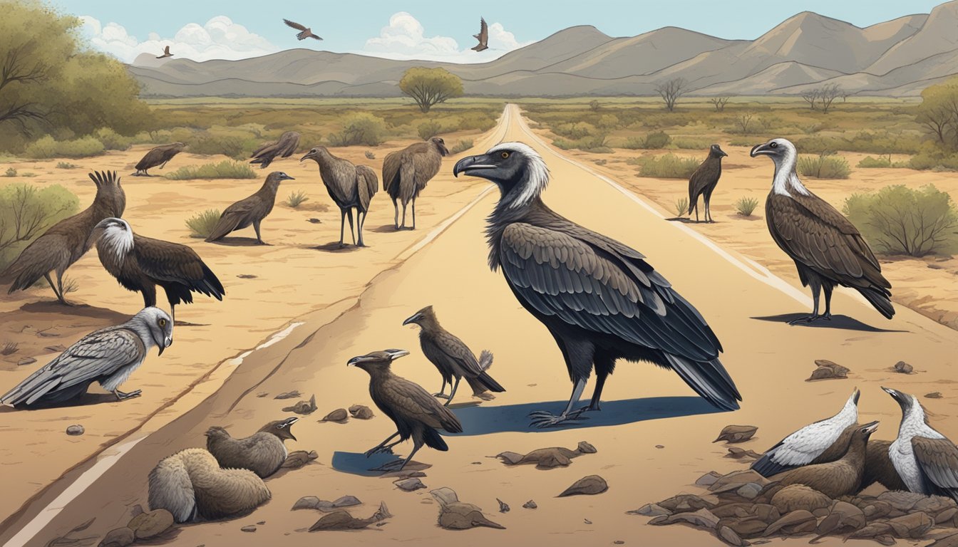 A variety of wildlife, including vultures and coyotes, feeding on roadkill in a Texas landscape, with signs indicating the illegality of such behavior