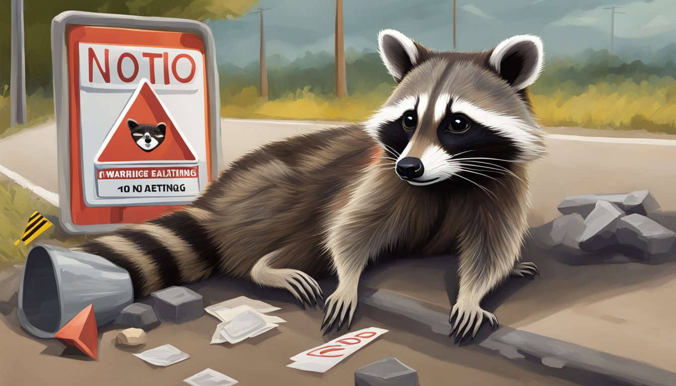 A raccoon lies on the side of a Texas road, surrounded by warning signs and a red "no eating" symbol