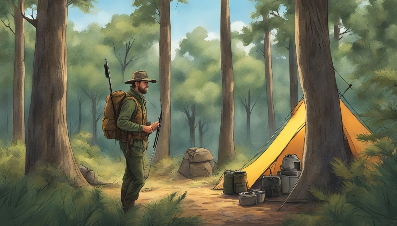 A hunter setting up camp in a secluded Texas forest, surrounded by dense trees and wildlife