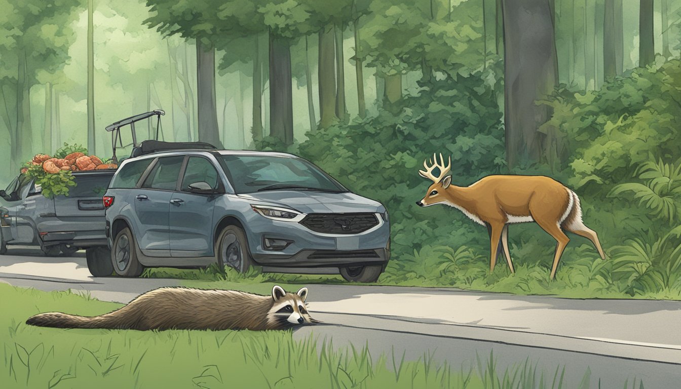 A raccoon and a deer carcass lie on the side of a Texas road, surrounded by lush greenery. A sign nearby indicates that it is illegal to consume roadkill in the state