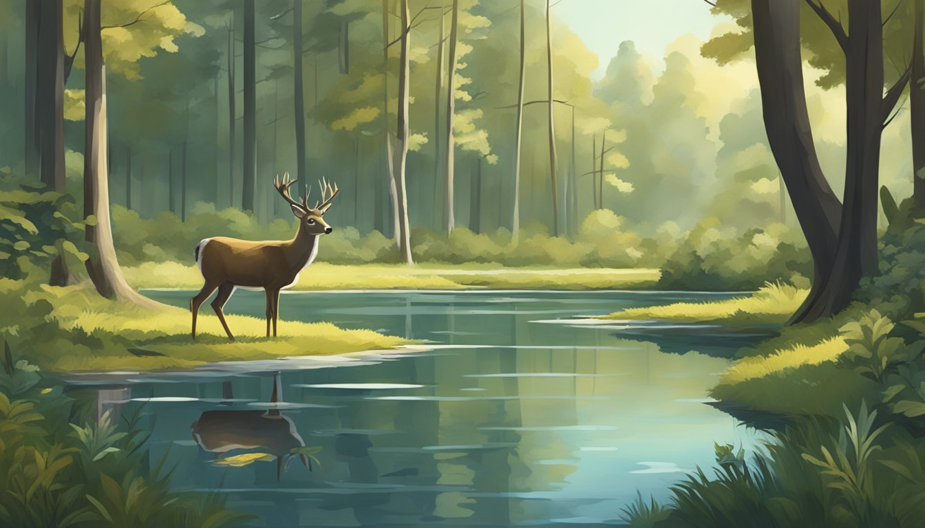 A peaceful forest clearing with a small pond, surrounded by dense trees and brush. A deer drinks from the water, while a turkey pecks at the ground nearby