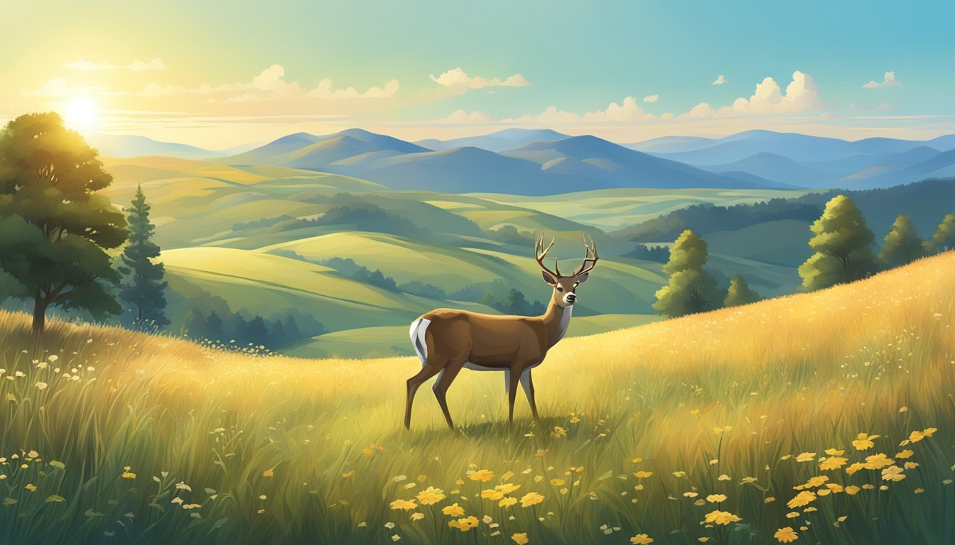 A lone deer grazing in a sun-drenched field surrounded by tall grass and wildflowers, with a backdrop of rolling hills and a clear blue sky