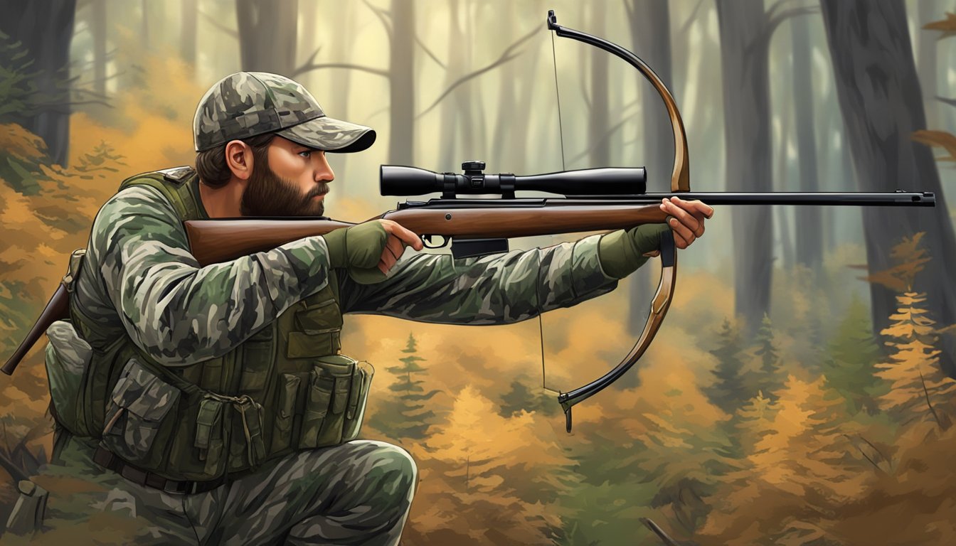 A hunter in camouflage draws back a bow, aiming at a deer in a Texas forest