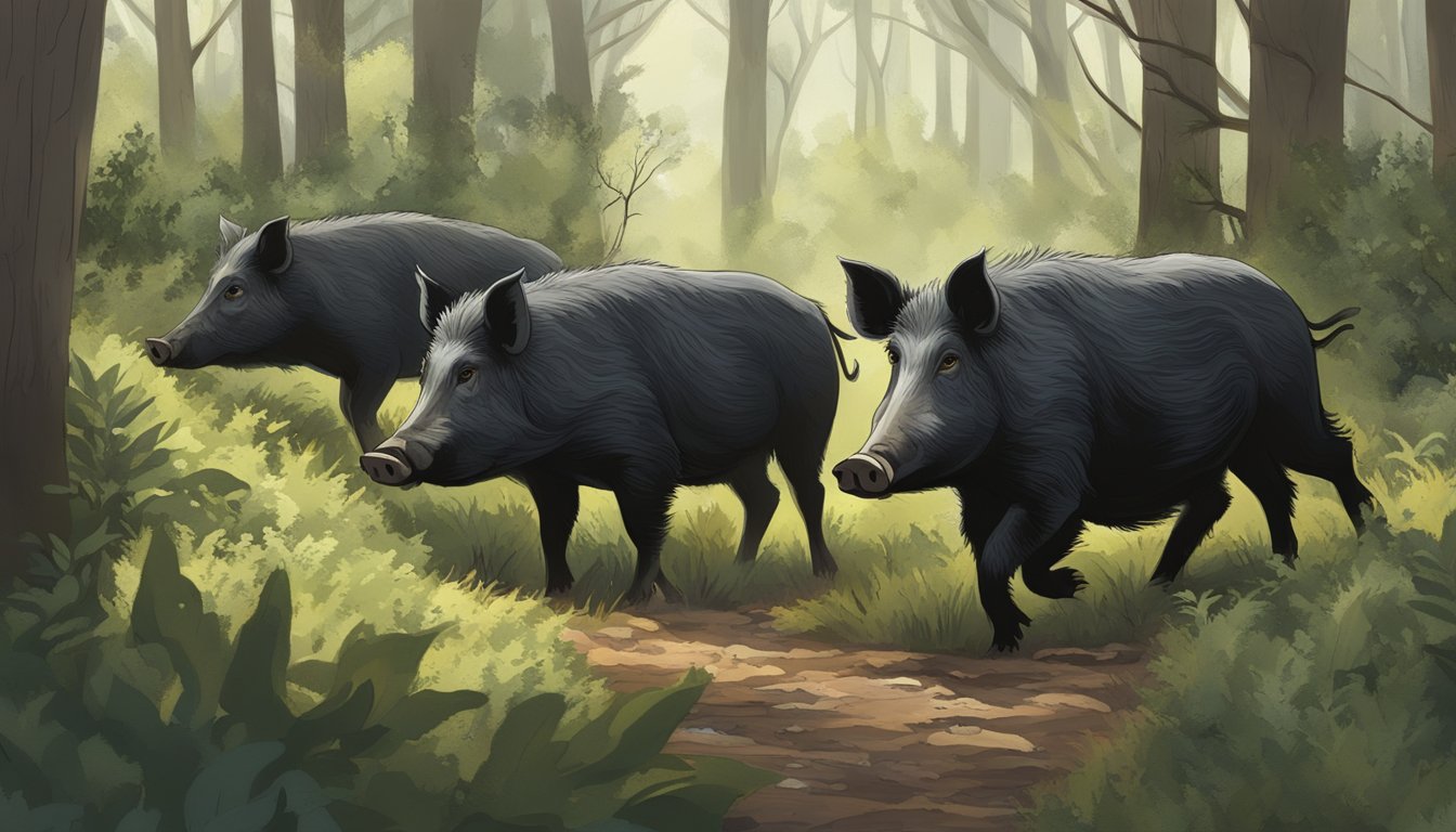 A pack of feral hogs foraging in a dense Texas forest, rooting through the underbrush for food